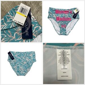 Aqua Couture Medium Swim Bikini Bottom Hipster Flowers Tropical Teal Swimwear